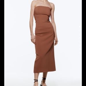 BRAND NEW Zara Brown Strapless Midi Dress (M)